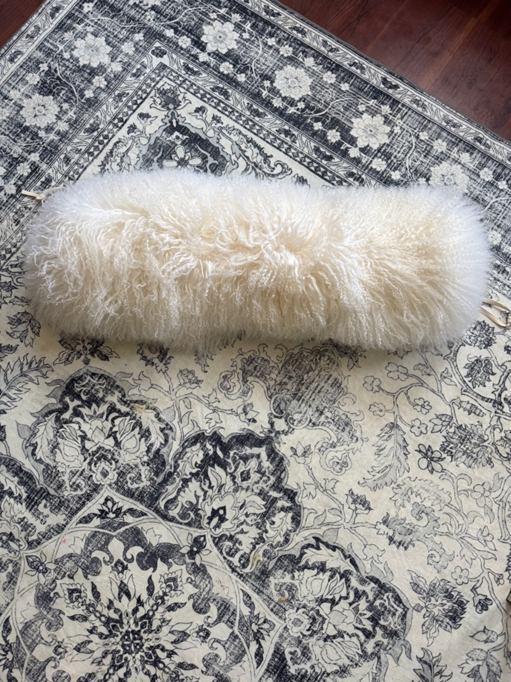 Cream Long Mongolian Faux Sheepskin Bolster Pillow